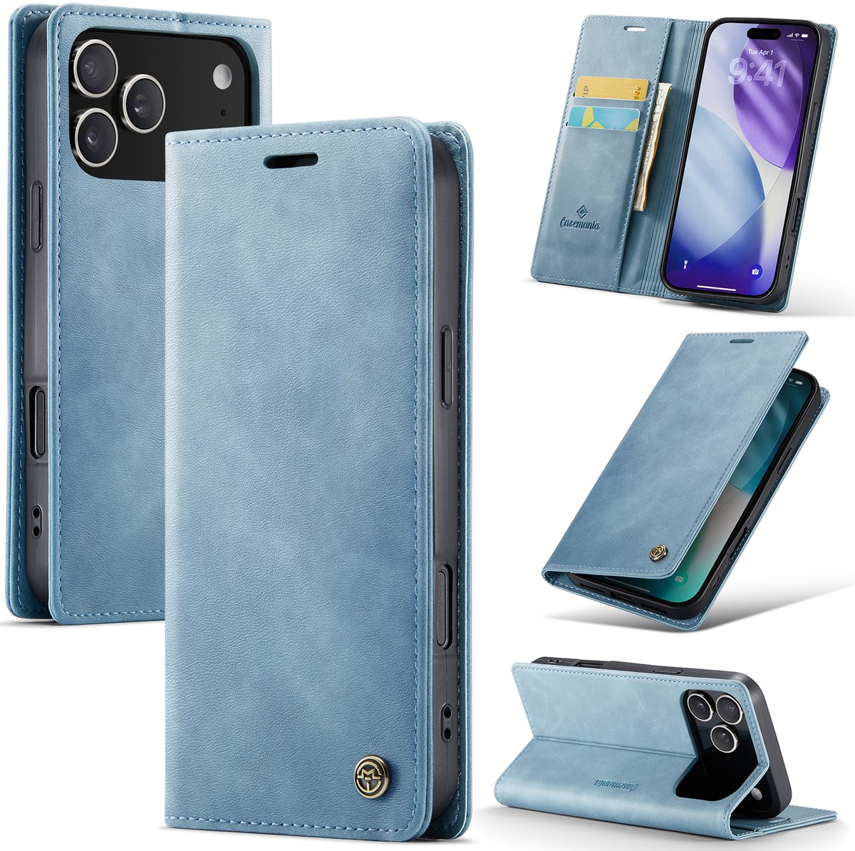 Casemania Hoesje Geschikt voor Apple iPhone 18 Pro - Aqua Blue - Luxe Kunstleer Dunne Telefoonhoesje met Pasjeshouder en Standaardfunctie - Slim Wallet Case - Licht Blauw