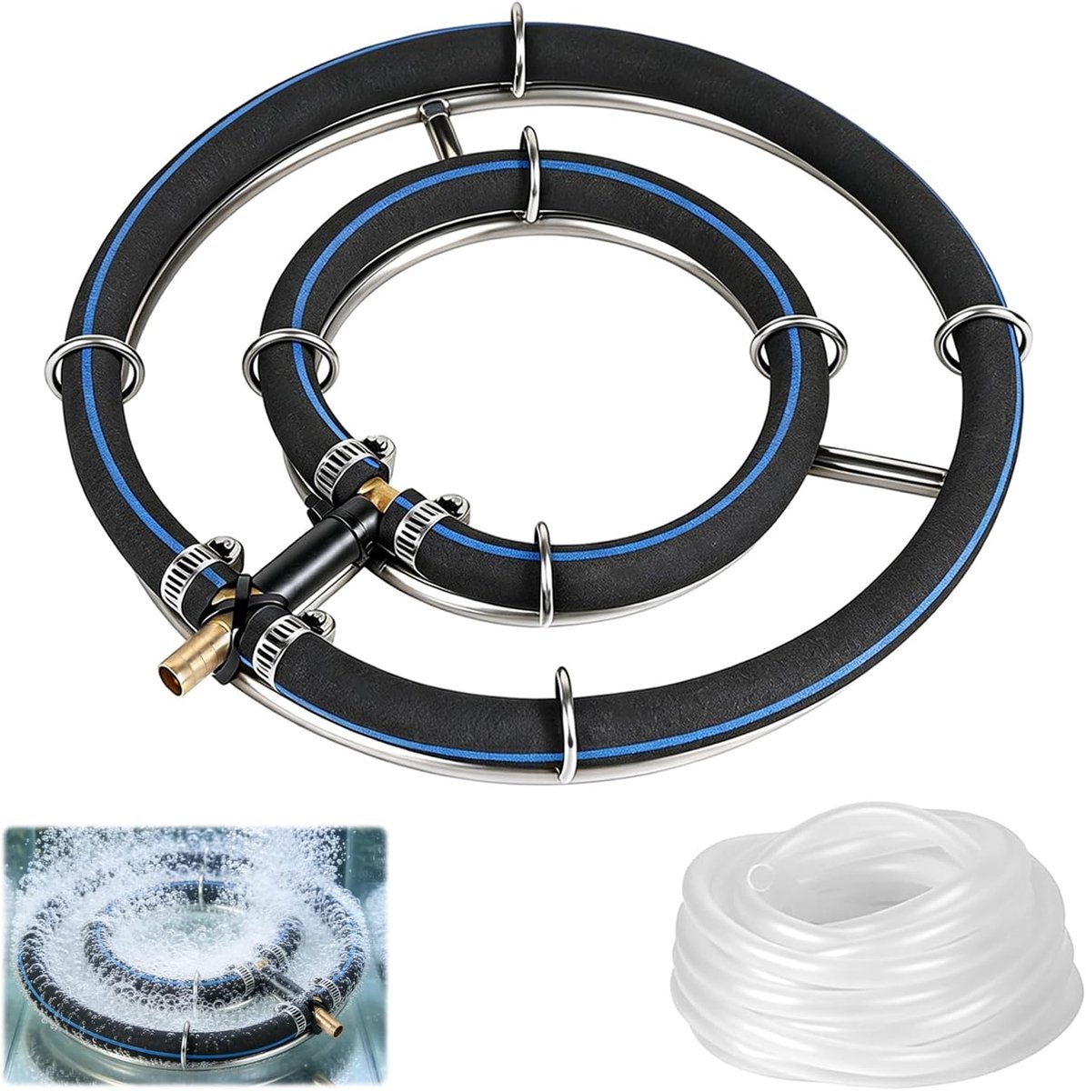 25 cm beluchtingsring voor vijvers en aquaria, dubbel frame van roestvrij staal, zuurstofdiffuser voor vijvers met 5 m luchtslang, 8 mm diameter