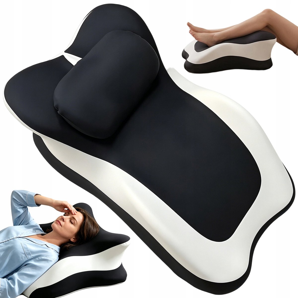 Leeskussen - Wigvormig Kussen - Lendensteunkussen - Multifunctioneel Kussen - 3D Ergonomisch - Traagschuim - Met Klein Kussen - Ademend - 57x36x24 cm - Rugsteun Kussen - Voor Ontspanning & Lezen & Buikslapen - Zwart/Wit