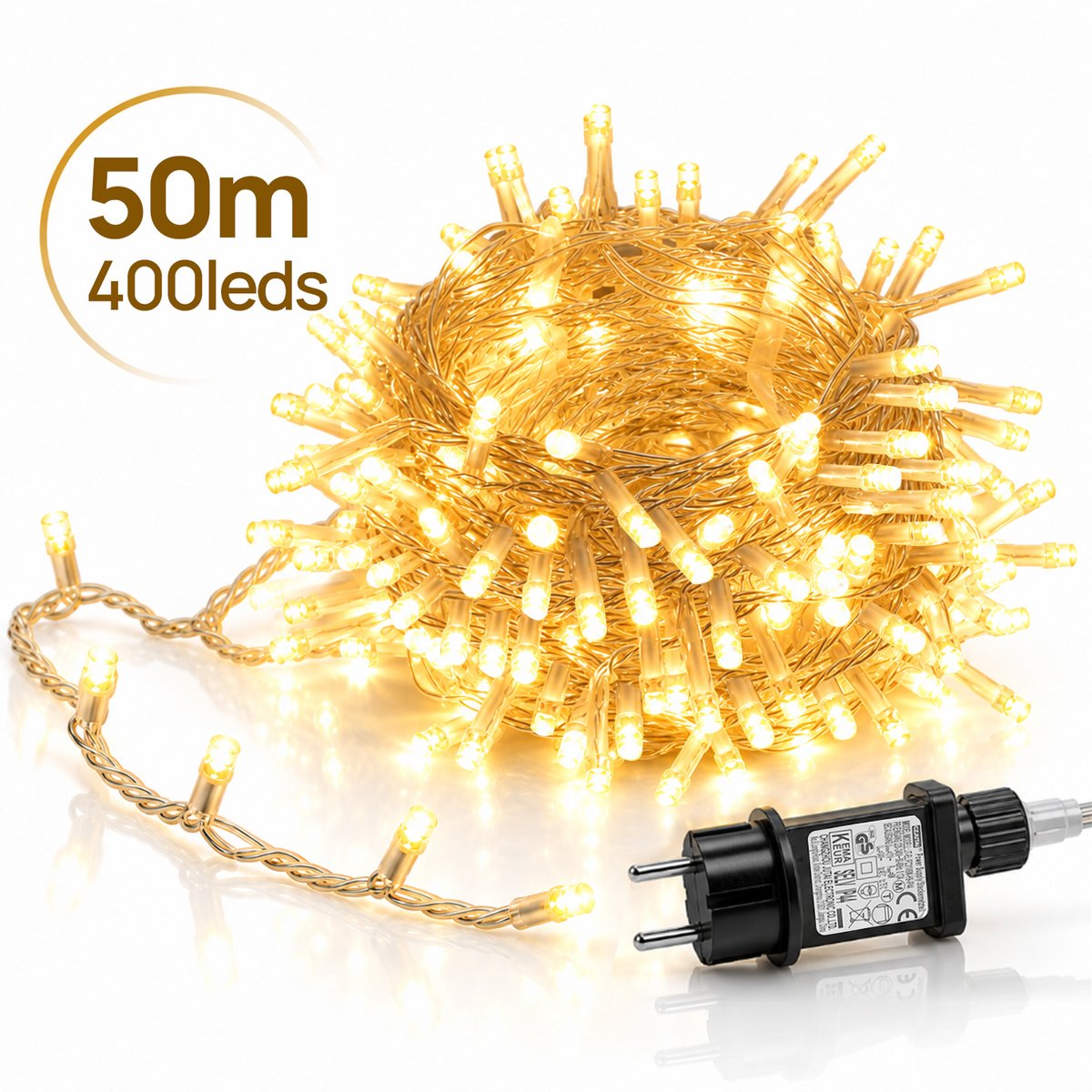 Lapamax LED Lichtsnoer - Kerstverlichting 50 m 400 LEDs Warm Wit - Zonder Tail Plug - 31 V Laagspanning met Timer, Geheugen en 8 Lichtstanden - Kerstboomverlichting met Adapter en 3 m Aanloopsnoer