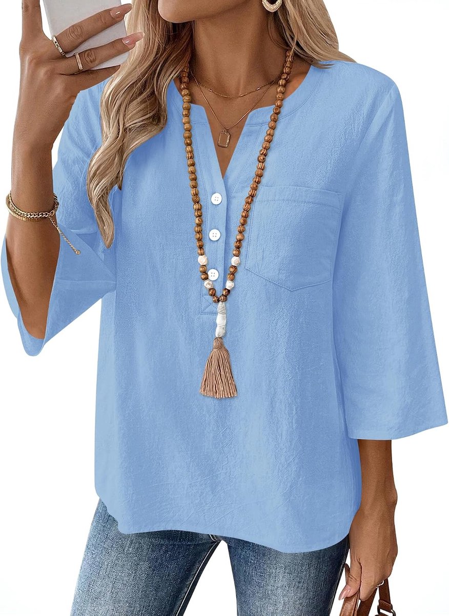 iWoo Damesblouse katoen linnen V-hals 3/4 mouwen loose fit shirt