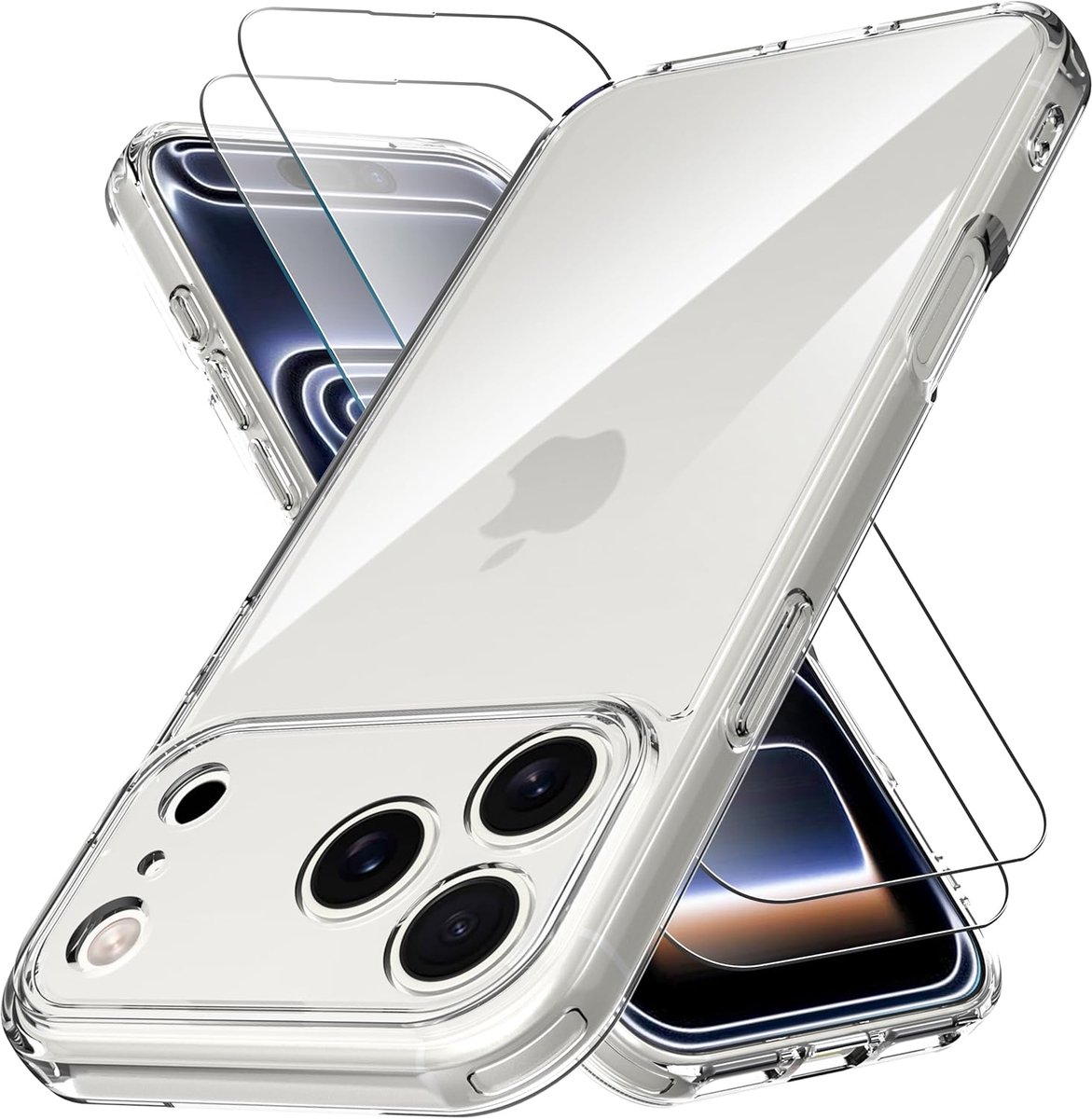 Hoesje en Glas Geschikt voor Apple iPhone 18 Pro - Transparant - Casemania Siliconen Back Cover + 2x Tempered Glazen Screenprotector - Shockproof Telefoonhoesje