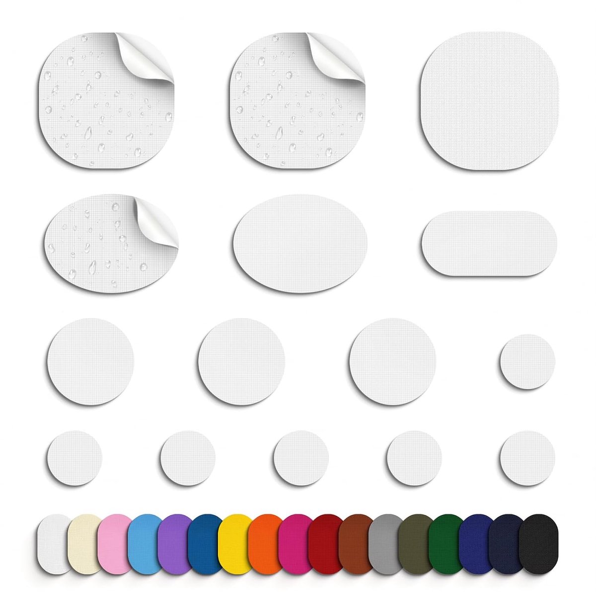 45 stuks donsjas-patches, nylon reparatietape, zelfklevende reparatiepatches voor jas, tent, bovenkleding, reparatie, ronde en ovale vorm, wit