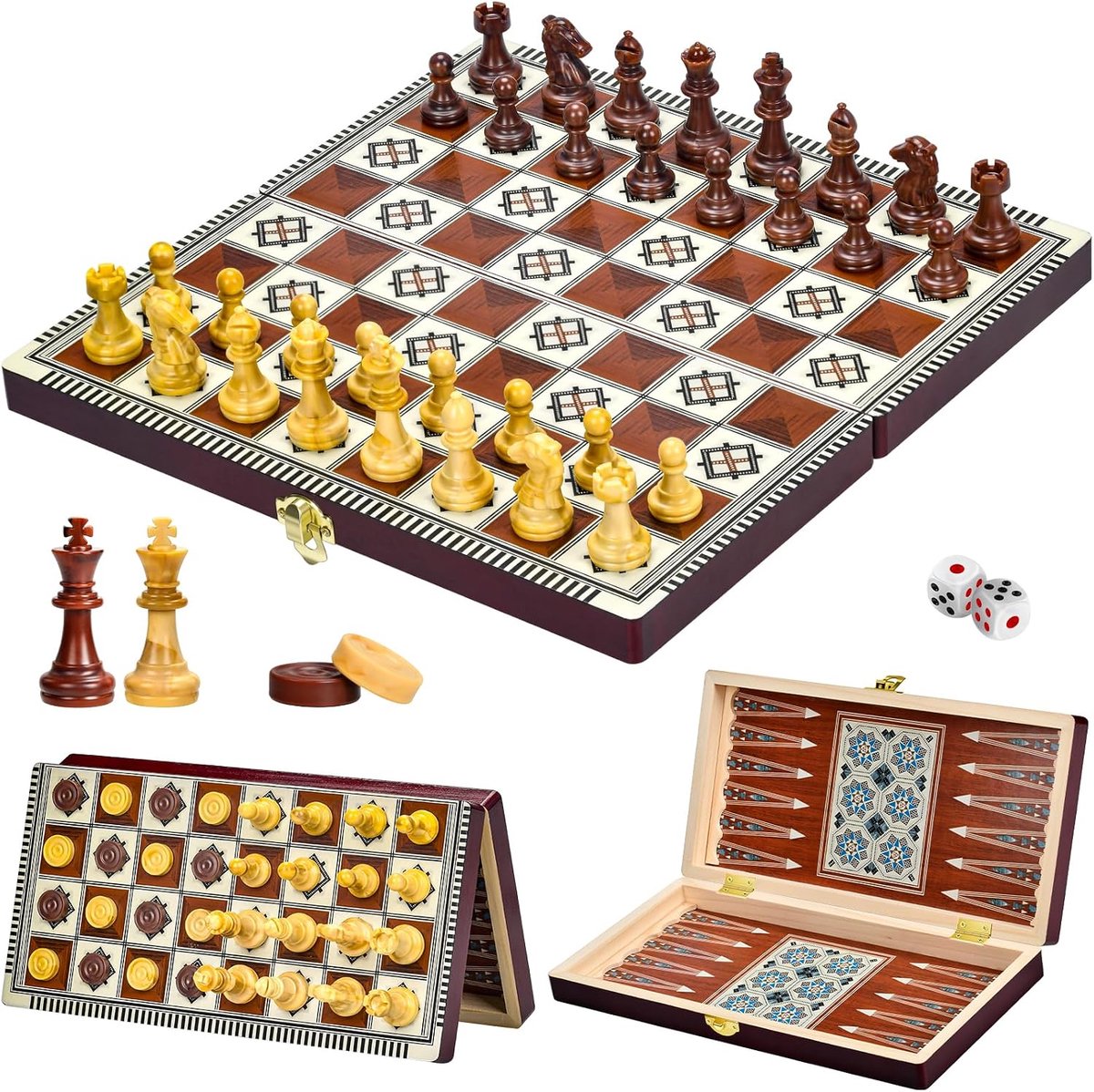 schaakspel van hout, 3-in-1 magnetisch schaakspel, opvouwbaar schaakbord voor familie-uitjes, reisschaakspel, schaakspel voor kinderen (29 x 29 cm)