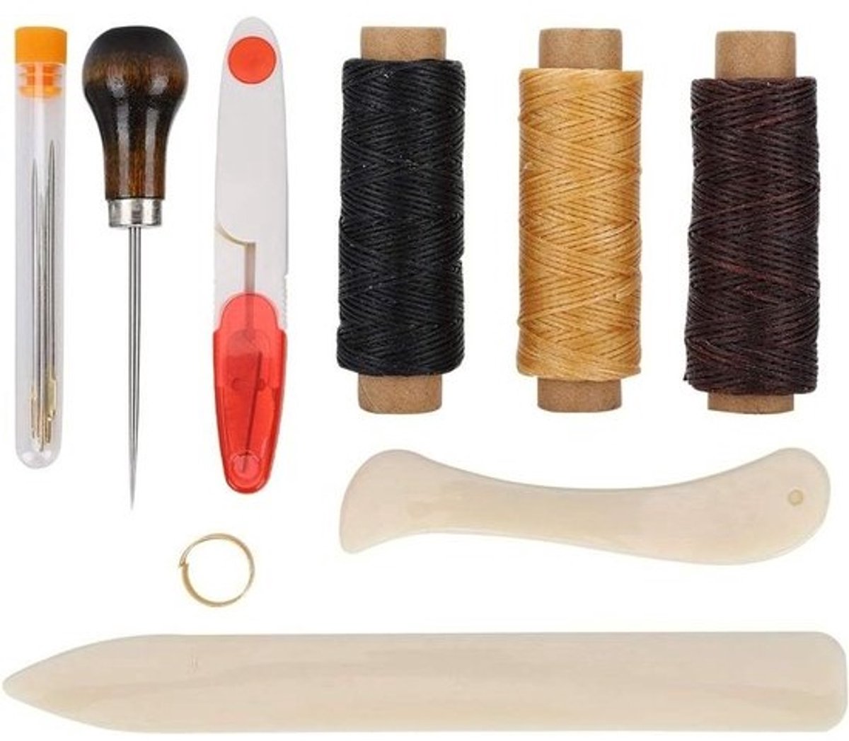 Leer Naaiset - Handstikgereedschap - Leerbewerking - 18-delige knutselset - 50 m - Natuurlijk