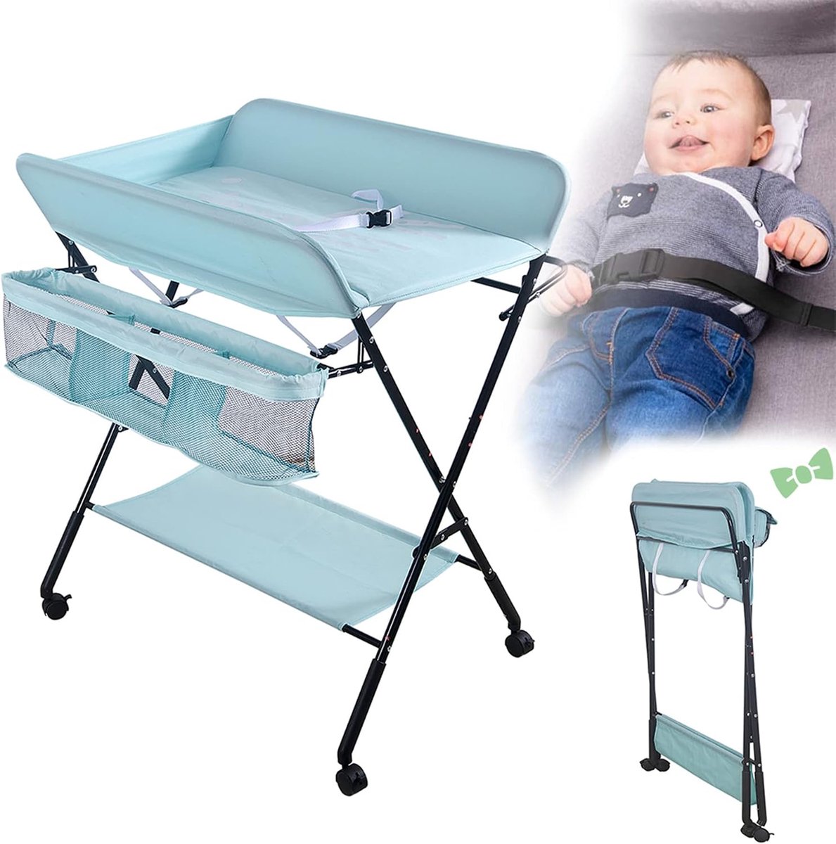 Luiertafel met opbergmand aan de zijkant, structuur van ijzer, maximale belasting 25 kg, voor pasgeborenen, ergonomisch design, opvouwbare en draagbare commode (80 x 66 x 98 cm, blauw)