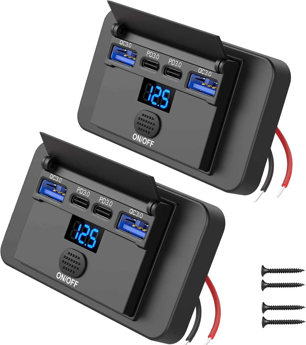 2-pack 84W 4-poorts 12V USB-aansluiting voor opbouwmontage met voltmeter 36W PD en dubbele 18W QC 3.0 Lichtgewicht vervangingspaneel voor USB-aansluiting in de auto, met knopschakelaar voor bussen