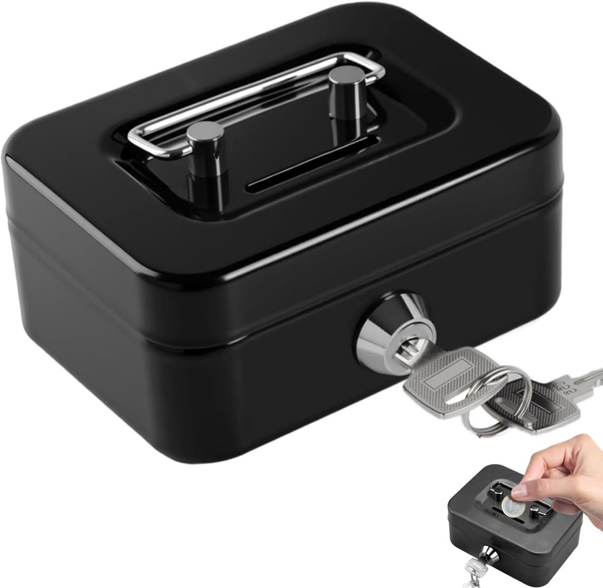 Kluis, 11,5 x 8,5 x 5,3 cm, geldcassette met slot, geldcassette met sleuf, spaarpot met sleutel voor kantoor en huis, houder voor drinkgeld en munten