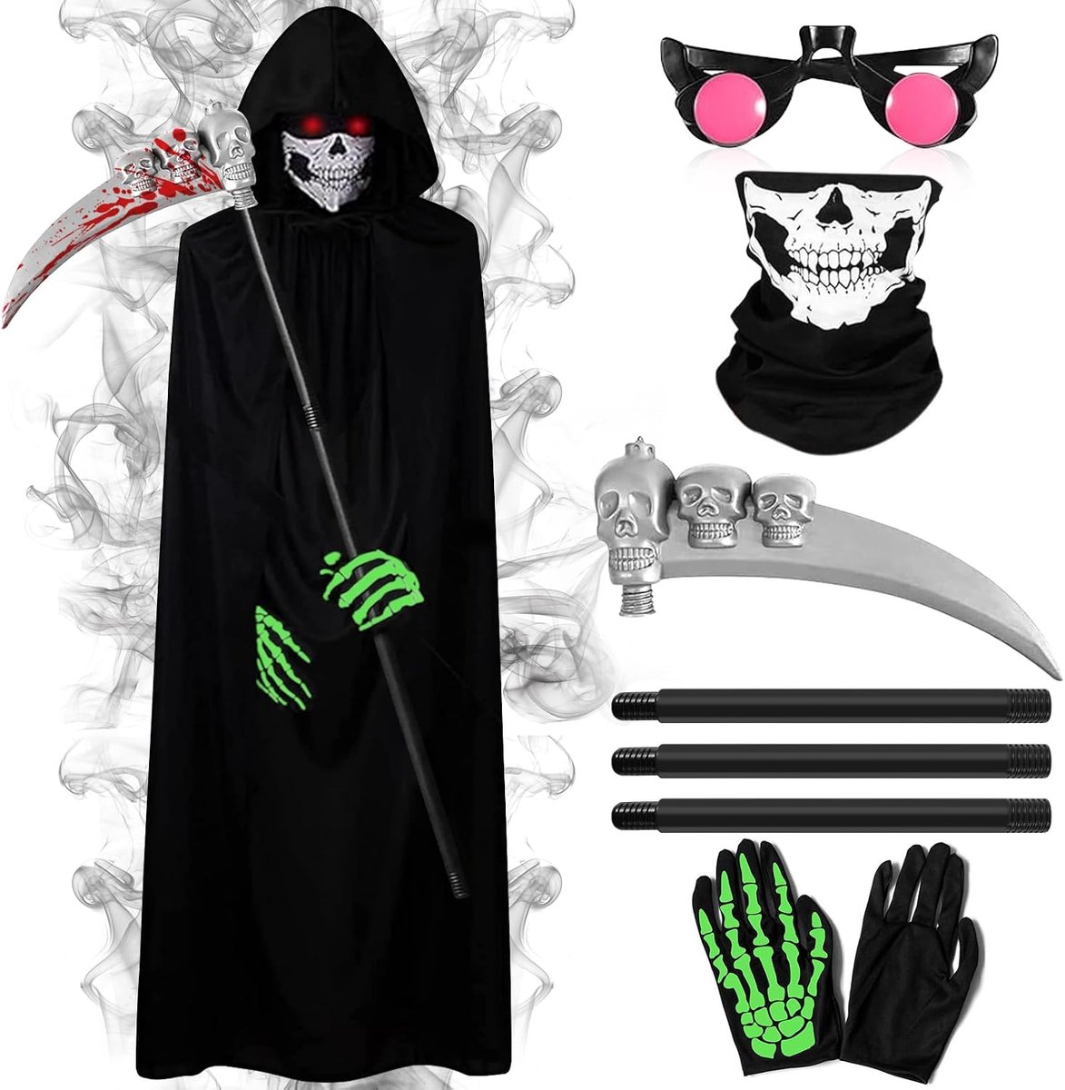 Kostuum Halloween Doodsengel Kostuum Kinderen met Zwarte Cape, Doodshoofdmasker, Zeis, Lichtgevende Handschoenen en Lichtgevende Bril voor Halloweenfeesten en Carnaval Rollenspel