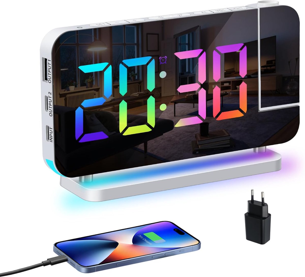 Projectiewekker: 180° Projector Nachtkastwekker, Netgevoed, 2 Poorten Telefoonoplader, 10 RGB-Lichten, 11 Kleurige Cijfers, Digitale Wekker met Slummerfunctie, LED Spiegel-Scherm Voor Kinderen