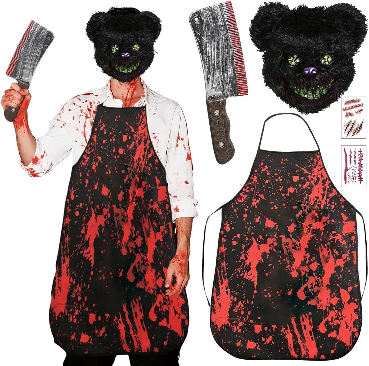 Halloween-kostuum voor heren, Halloween-masker, horrorbermasker, griezelige berenmaskers met Halloween-schort, tattoo, horrorkostuum voor heren, volwassenen, carnaval, cosplay