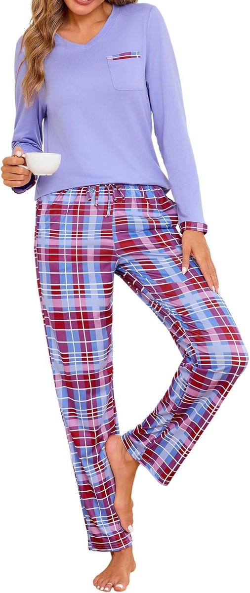 Damespyjama-set met lange mouwen, katoenen pyjama voor dames, V-hals, top en geruite broek met zakken, zachte loungewear sets twee stuks