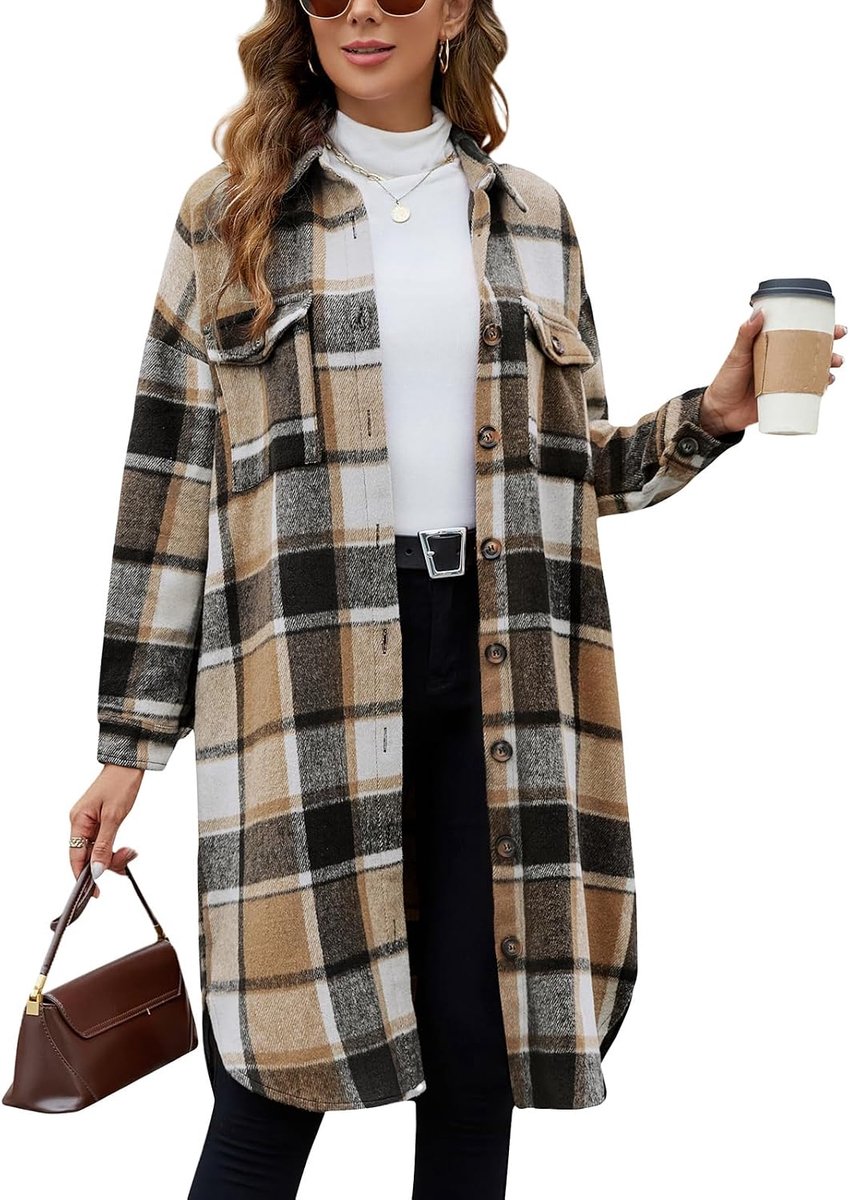 Dameshemdjack, geruit, lange losse blouse, mantel, flanel, lange mouwen, revers, knopen, jas, overgangsjas