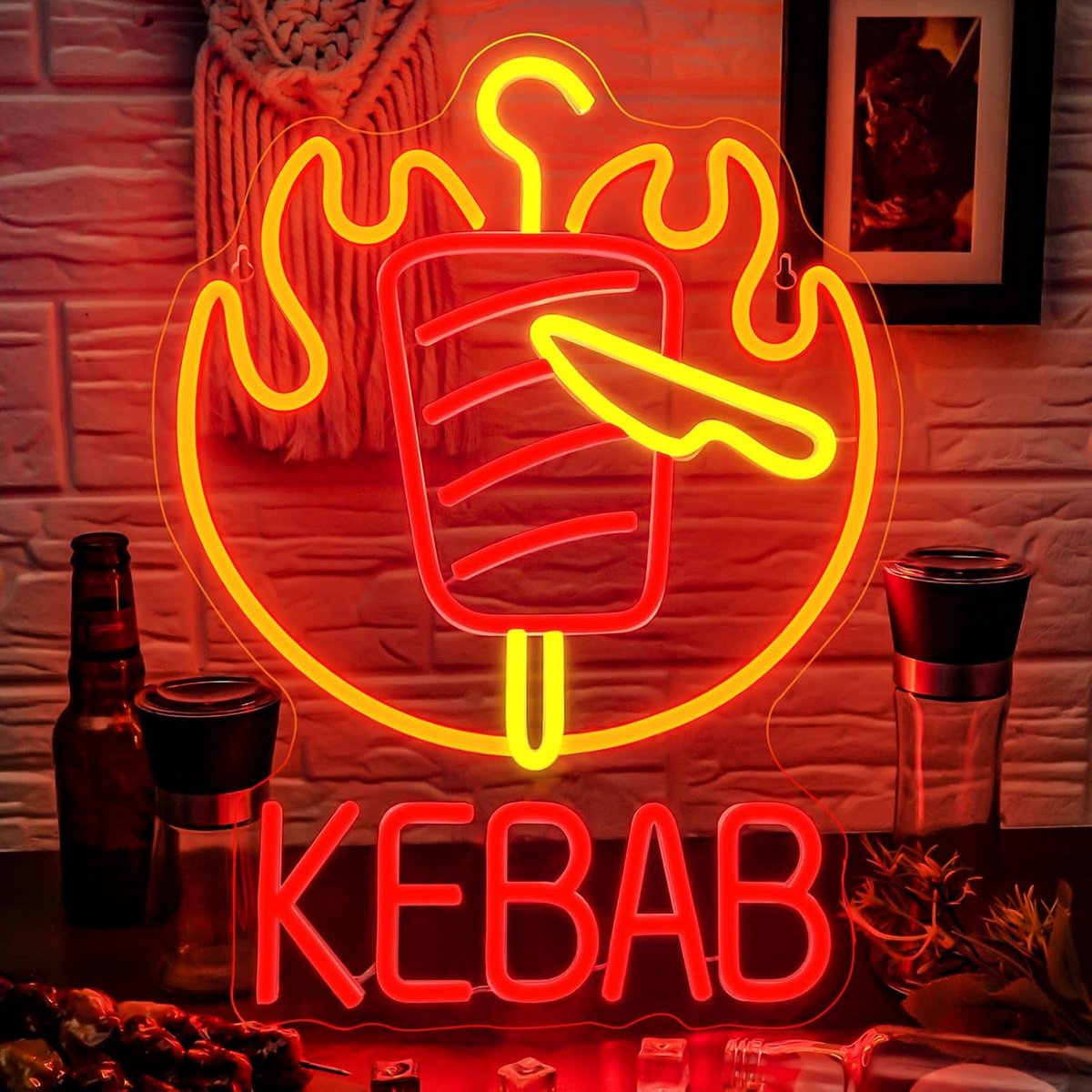 Ineonlife Kebab Neon Sign LED Neon Lights Kebabs Vormige Licht Up Borden Oranje Rood Usb Aangedreven voor Muur Decor Eetkraampjes Restaurant Party BBQ Decoratie