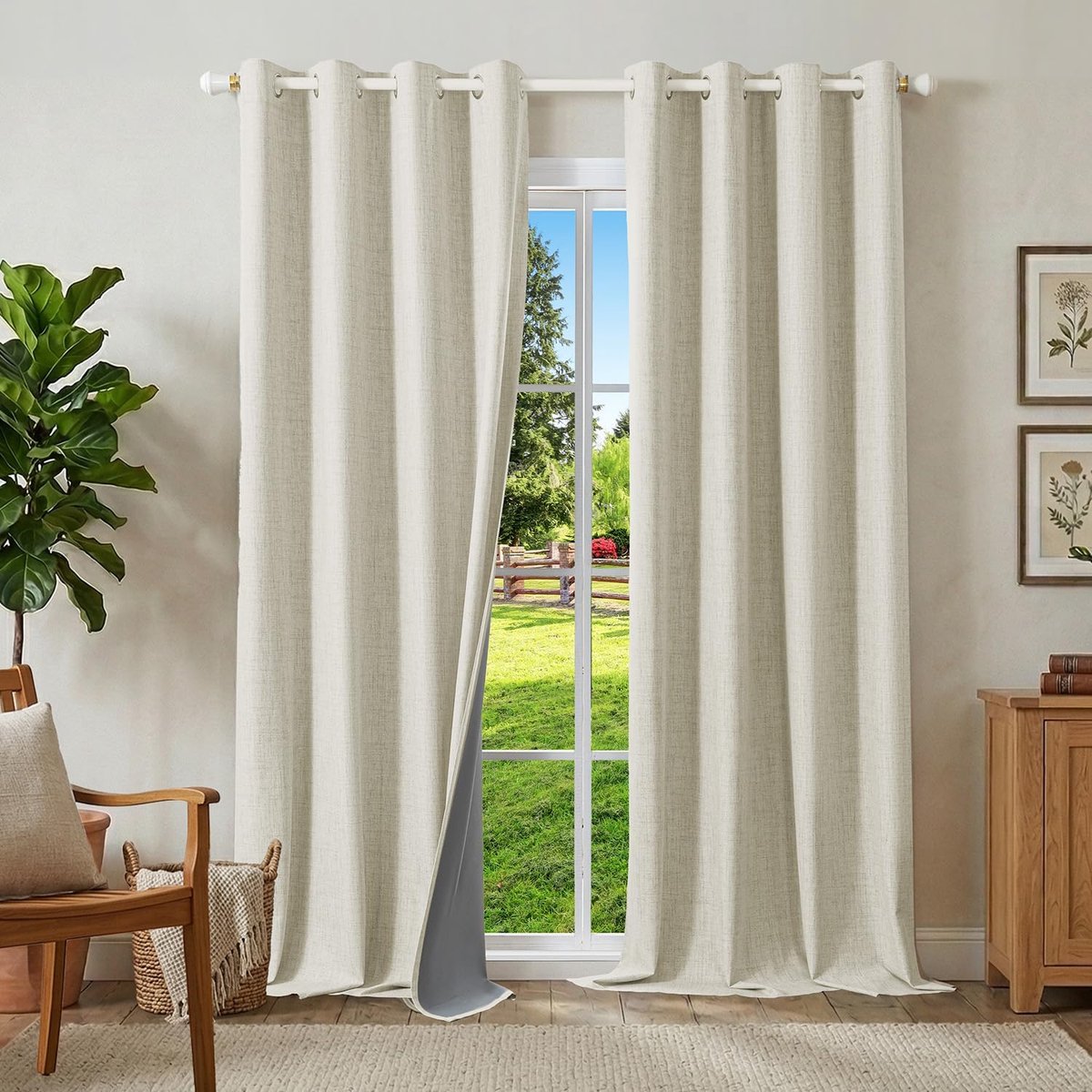100% verduisteringsgordijnen linnen gordijnen met ogen set van 2, thermogordijn hittebescherming H 245 x B 140 cm, linnen-look gordijnen lichtdicht helbeige geluidsisolatie voor slaapkamer