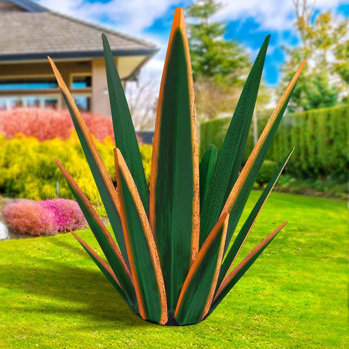 Groot Tequila rustiek beeldhouwwerk, rustieke metalen planten voor buiten patio tuin, huisdecoratie handgeschilderd agave tuinbeeld, buiten gazon ornamenten tuin palen (donkergroen - L)
