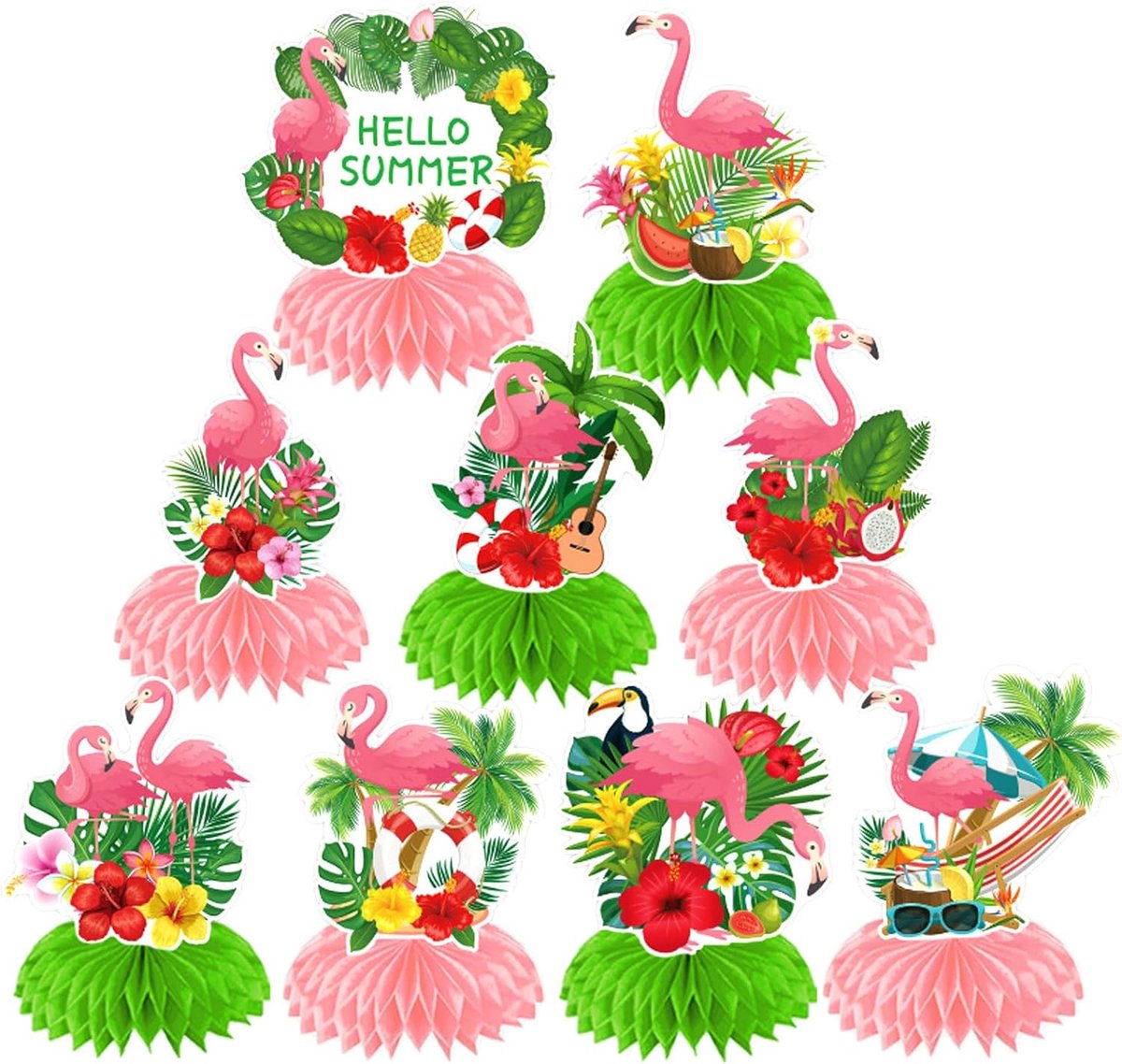 Tafelstukken, flamingo feesttafeldecoraties, zomer honingraatdecoraties, tafeltoppers voor Hawaiiaanse Luau strandfeest, 9 stuks