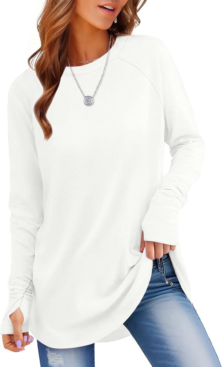 Lange Mouwen Tops Vrouwen Casual Truien Ronde Hals T-shirts Sweatshirts Met Duimgaten Gebogen Zoom Tuniek Shirts