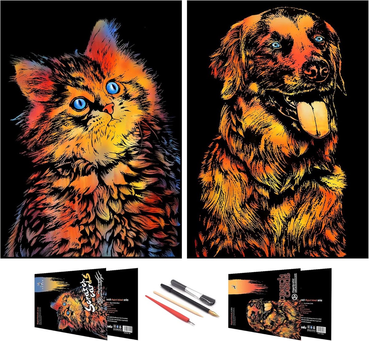 Krasschildering kunstpapier, dierenserie krasbord voor kinderen & volwassenen, cadeaus & kunstnijverheid kits met 4 gereedschappen, afmeting: 40,6 x 27,9 cm (kat & hond)