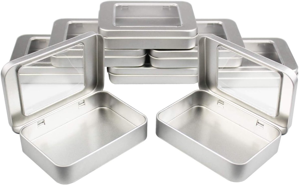 8 Stuks Rechthoekige Metalen Lege Scharnierende Blikjes Huis Opslag Containers Organizer Mini Doos met Helder Venster Deksel, 10 x 7 x 2 cm (Zilver)