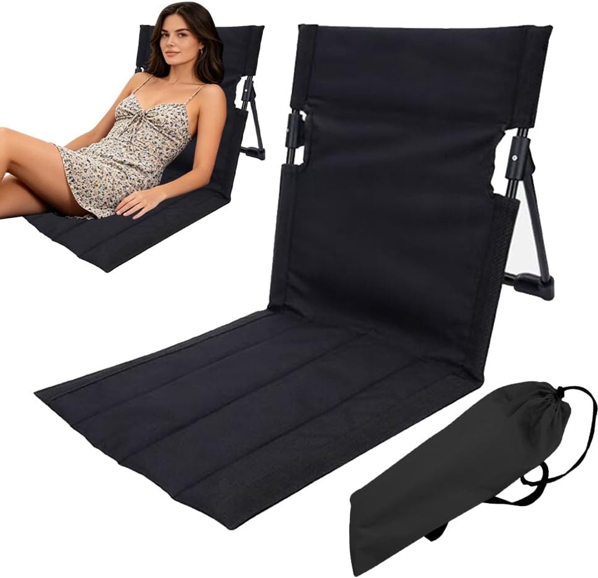 Rugsteun voor het Strand, Strandstoel met Rugleuning, Opvouwbare Strandmat met Verstelbare Rugleuning, Lichte Opvouwbare Strandligstoel voor Wandelen, Camping, Strand (Zwart)
