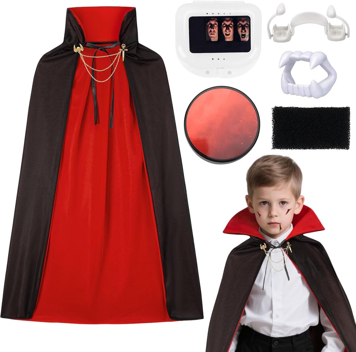 Vampierkostuum voor jongens, 90/120 cm Koninklijk vampierkostuum met nepbloed, vampiertanden en make-upspons, zwart-rood Dubbelzijdig Dracula Vampiermantel Jongen Meisje Halloween Carnaval Cosplay