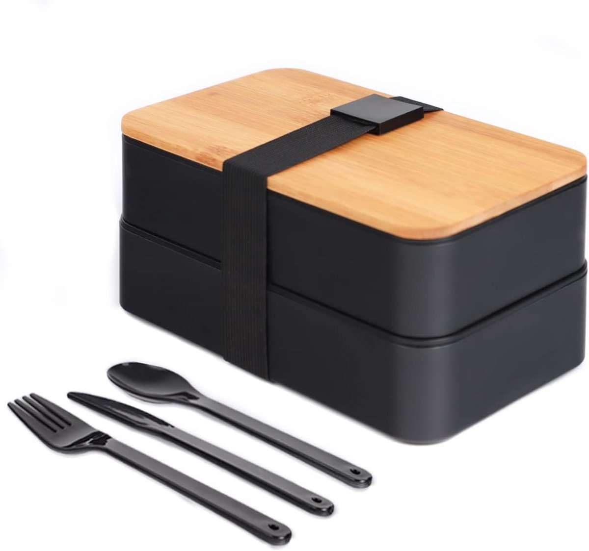 Box Japanse broodtrommel met vakken, 3-delige bestek - lunchdoos met bamboedeksel voor op school en op werk, voor kinderen en volwassenen