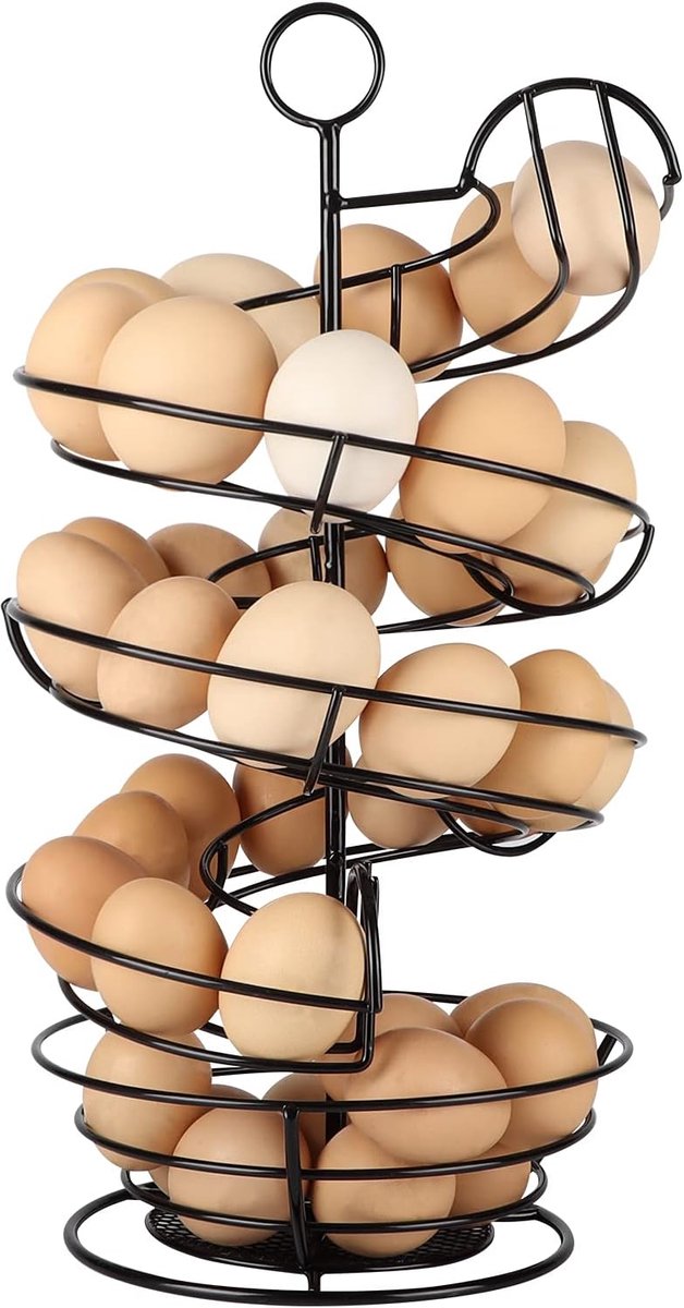 Black Metal Egg Skelter, Spiraal Ontwerp Ei Dispenser Rack Houder met Opbergmand voor Aanrecht, Keuken, 2 rails voor med ei