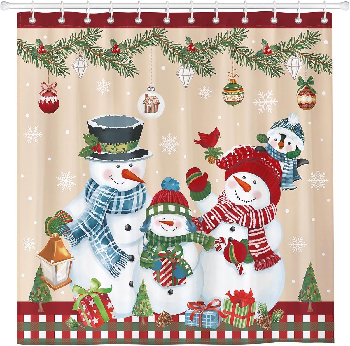Douchegordijnsets voor Kerstmis, sneeuwpop, waterdichte polyester stoffen douchegordijnen met 12 haken voor badkamer woondecoratie, 182 x 183 cm wasbare badaccessoires, kerstdecoratie