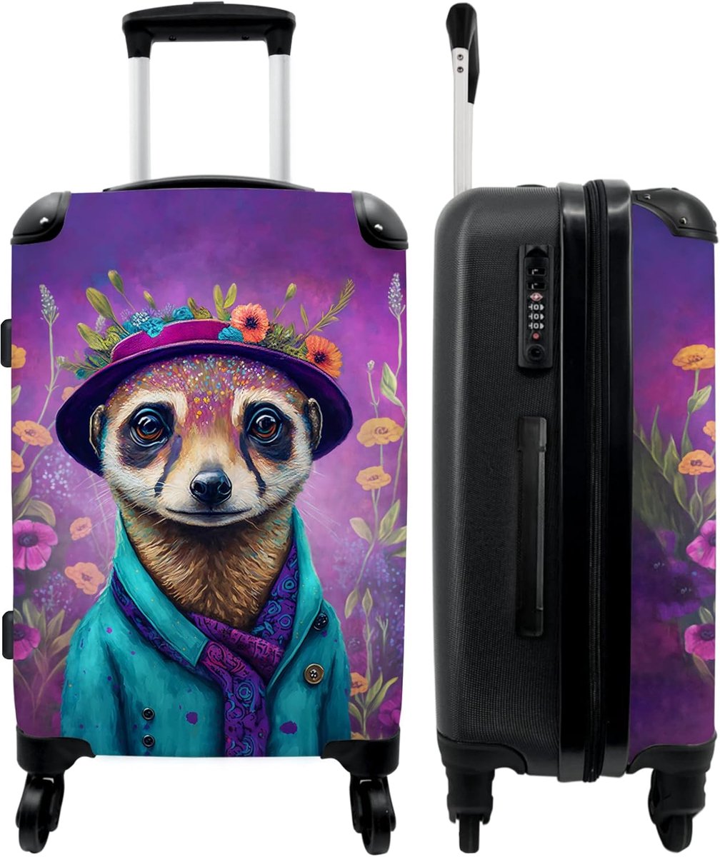 Koffer met harde schaal voor meisjes, kinderen, koffer voor bagage, Carry on Trolli, stokstaart, bloemen, paars, 67 x 43 x 25 cm, Hip stokstaartje, Midsize, kinderbagage