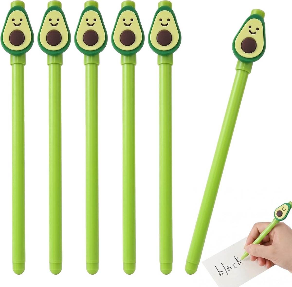 Set van 6 grappige avocado-pennen, origineel en kawaii-schrijfwaren voor kinderen en volwassenen, school- en kantoorbenodigdheden, zacht schrijven, ideaal cadeau voor scholieren en leraren