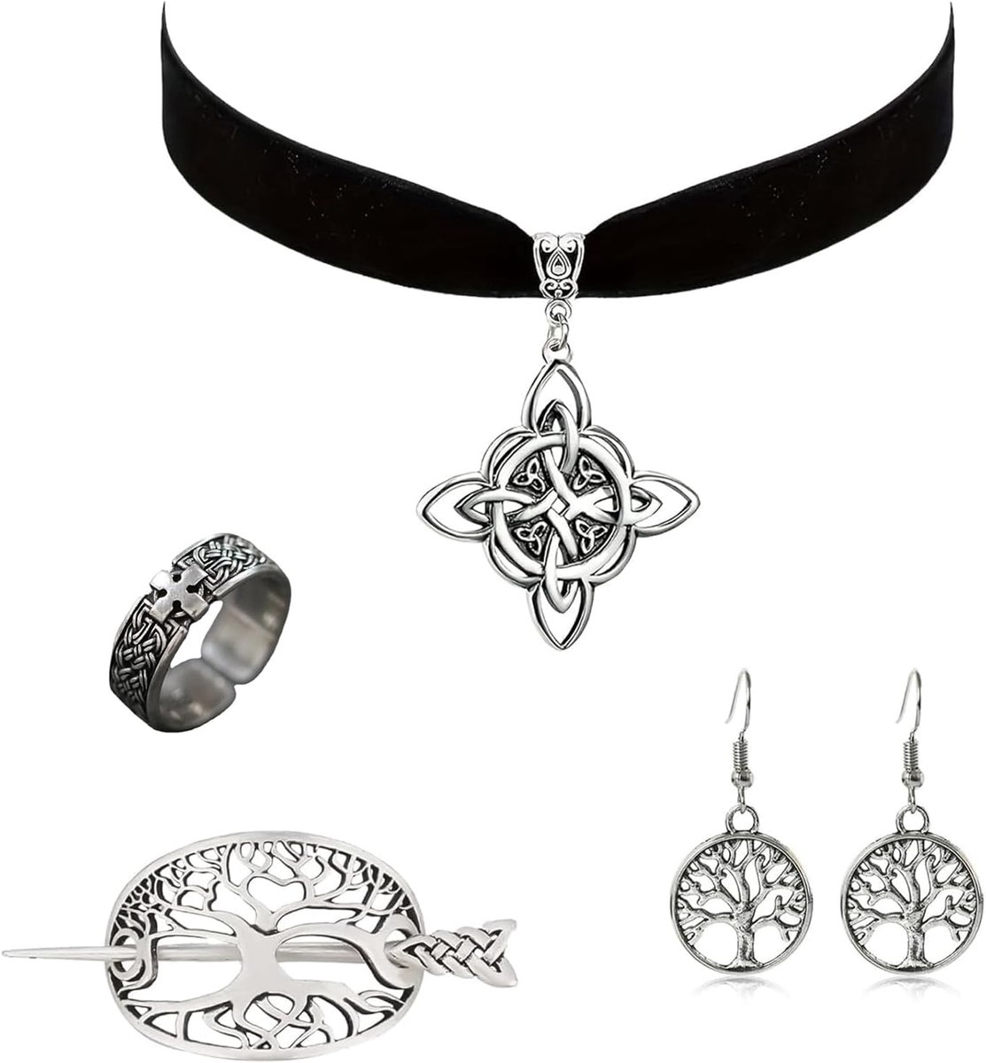4-delige sieradenset – halsketting, haarspelden, oorbellen en ring – Vikingaccessoires voor dames