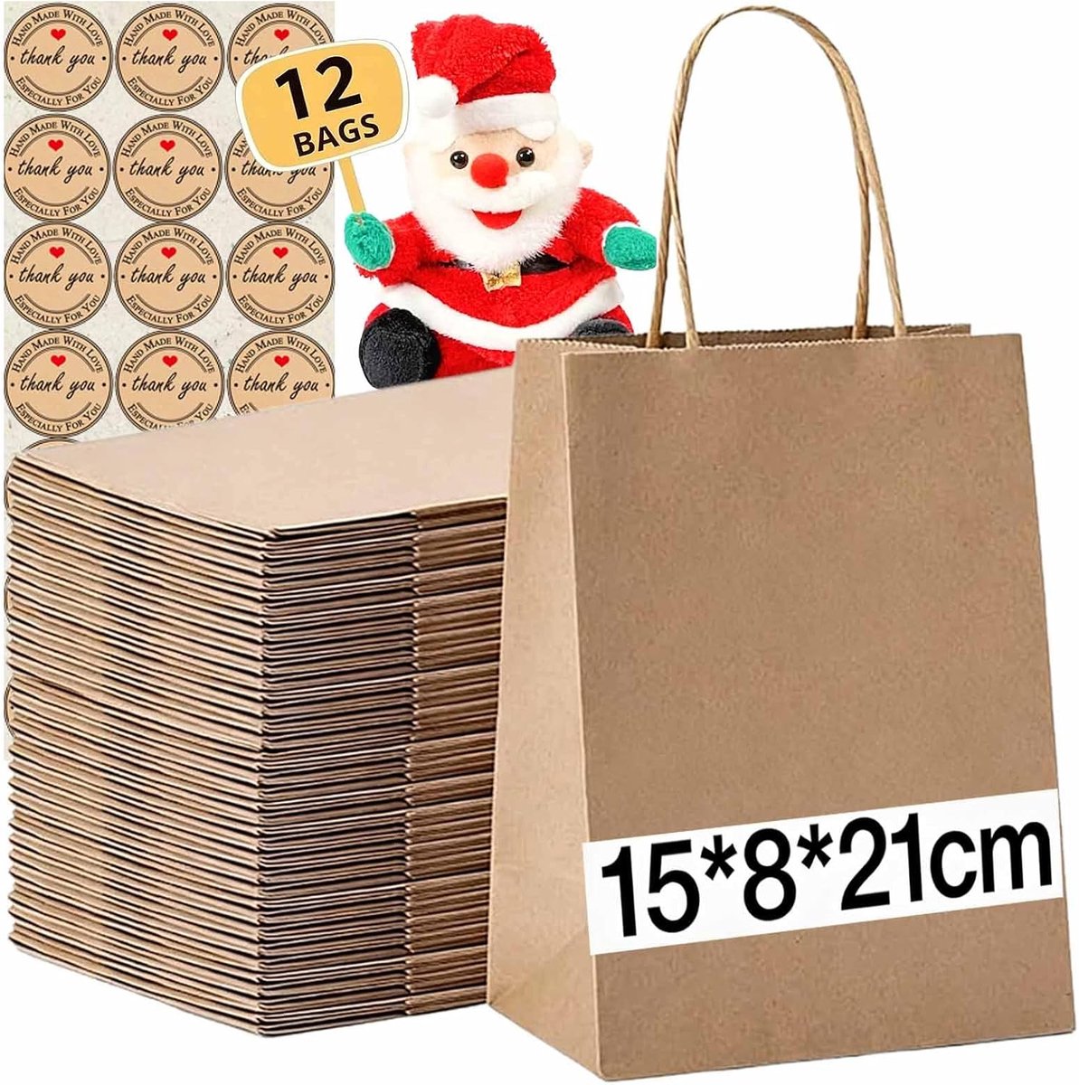 12 stuks geschenkzakjes met handvat, kleine papieren zakken met stickers, 130 g/m² kraftpapieren zakken, feestzakjes voor winkelen, bruiloften, verpakkingen, feesten, verjaardagen, Kerstmis, Halloween