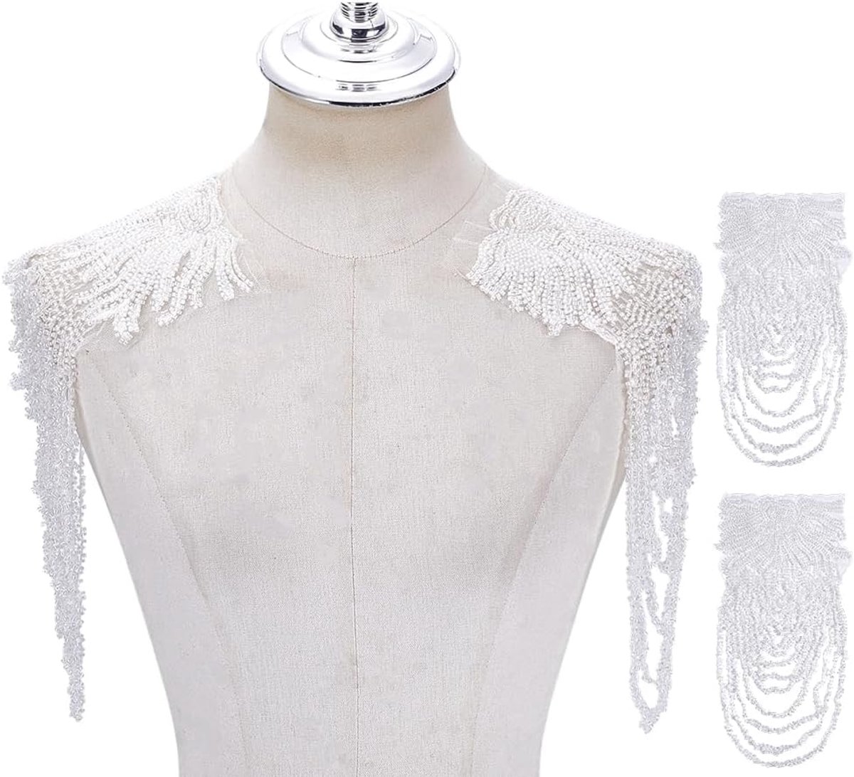 2Pcs Handgemaakte Strass Applique Voor Schouder Franje Schouder Applique Kralen Kwastje Trim Versiering Naaien Kostuum Accessoires Voor Jurken Formele Dragen Kleding Decor Zilver
