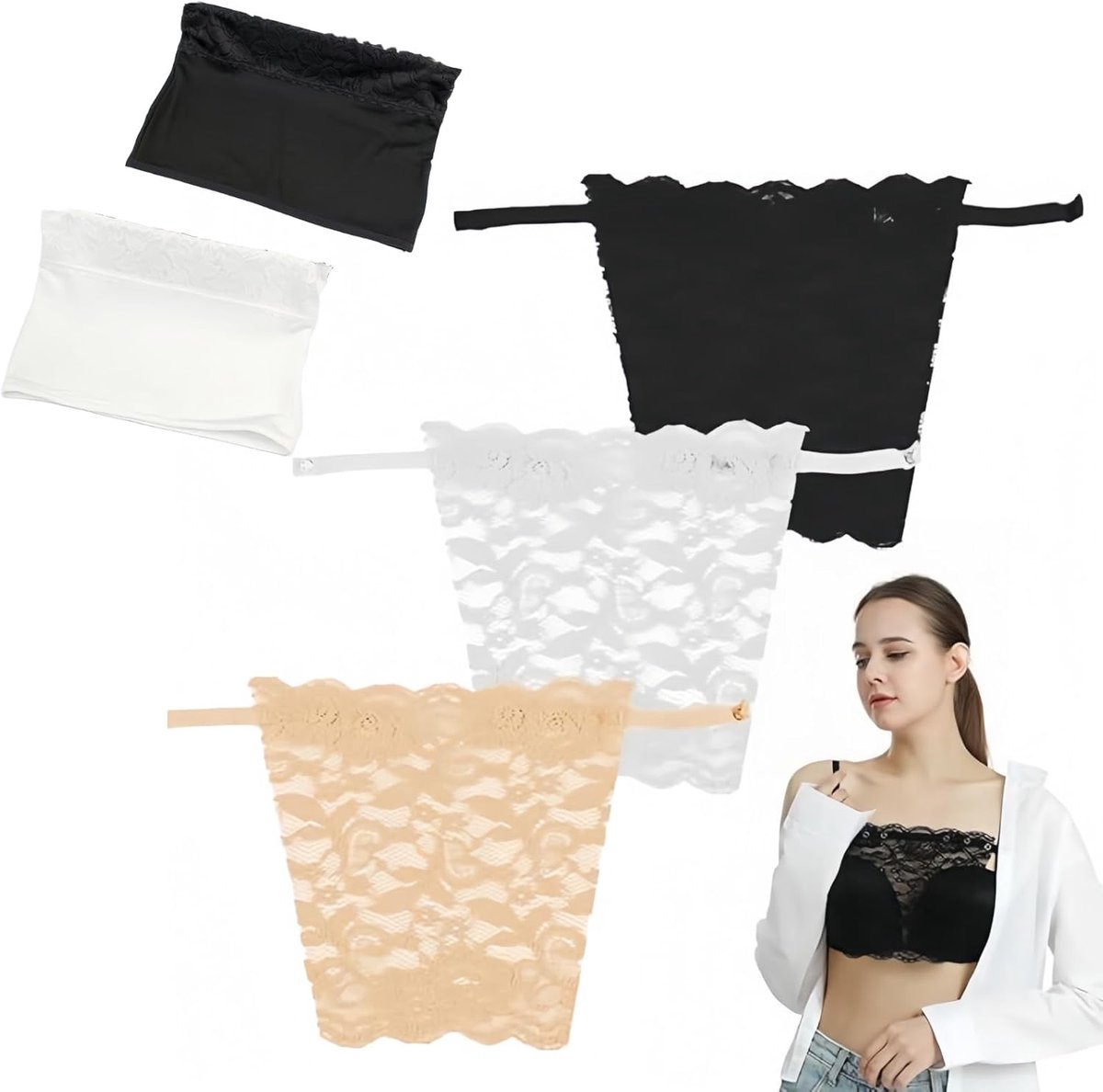 3 stuks decolleté, 2 stuks zonder bandjes, kanten top met clip voor dames, nepblouse met inzetstuk, overlapping van bescheidenheid