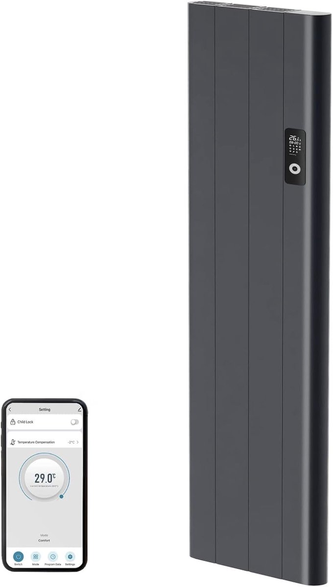 Elektrische verwarming, wandmontage, 1000 W, verwarming, elektrische app, wifi-functie, platte radiator, elektrische verwarming, energiebesparend, antraciet, stil, detectie van open ramen