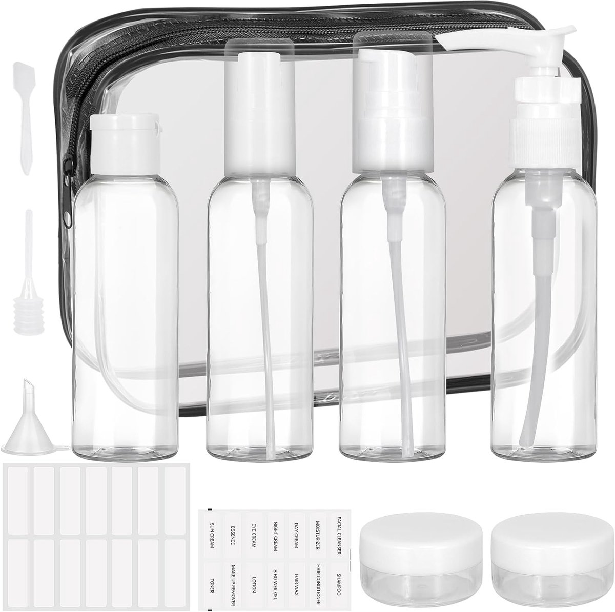 12 Stuks Reisflessen Set Voor Toiletartikelen, 60ml Lekvrije Reiscontainer, Reisflessen Om Te Vullen Met Doorzichtige Zakspatel Pipettrechterlabels Voor Reistoiletartikelen, Shampoo, Conditioner
