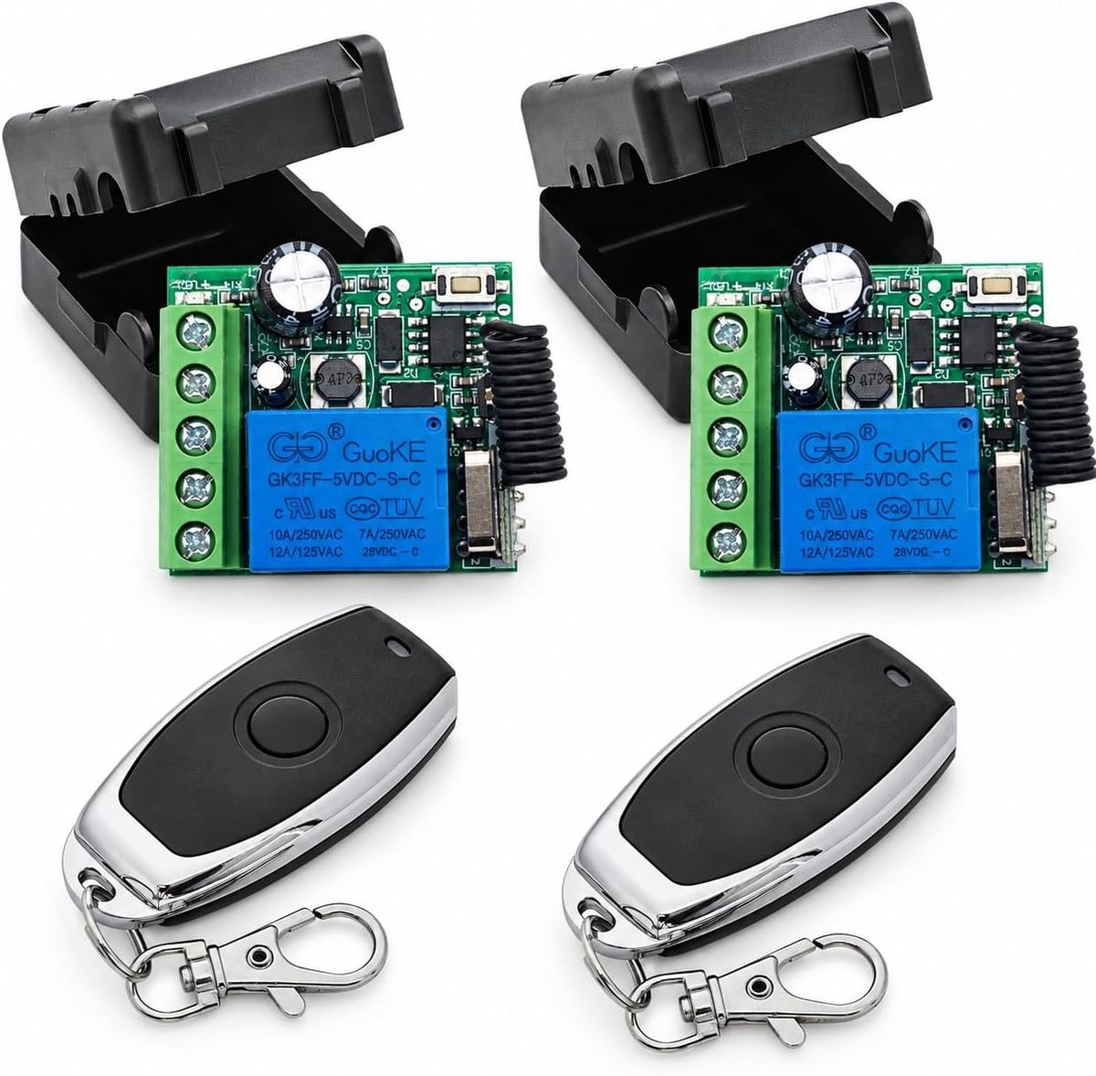 Draadloze afstandsbediening, 433 MHz, 5 V, 12 V, 24 V, 60 V, 1-kanaals radio-besturingsrelaisontvanger met 2 zenders, contactrelais controller