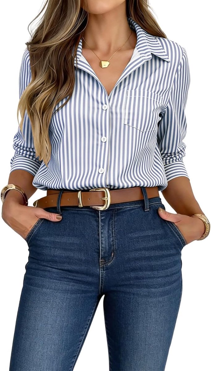 Blouse met lange mouwen, V-hals, met knopen, elegant, gestreept, elegant, casual, voor het werk