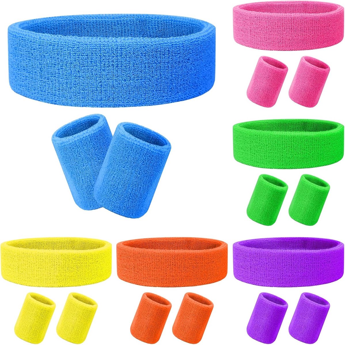 18 stuks Neon Zweetbandjes Set Inclusief 6 stuks Sport Elastische Atletische Hoofdband en 12 stuks Pols Zweetband, Absorberende 80s Zweetband voor Mannen Vrouwen