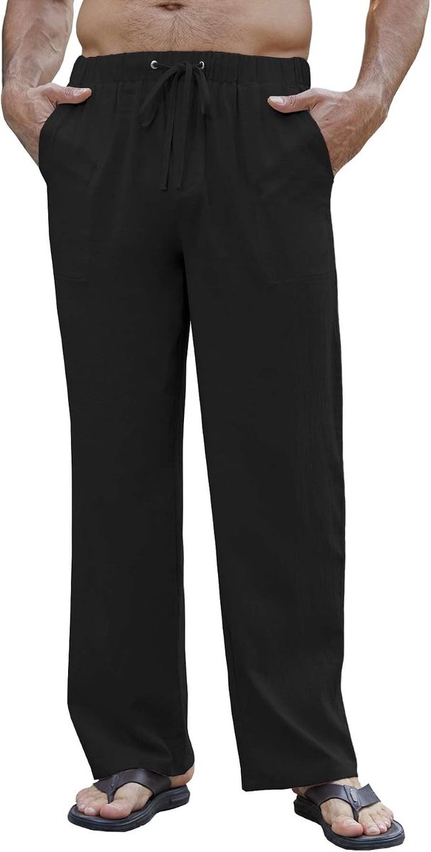 Katoenen linnen broek voor heren, lange zomerbroek, licht, casual, ademend, strandbroek, losse pasvorm, broek met elastische tailleband en vier zakken