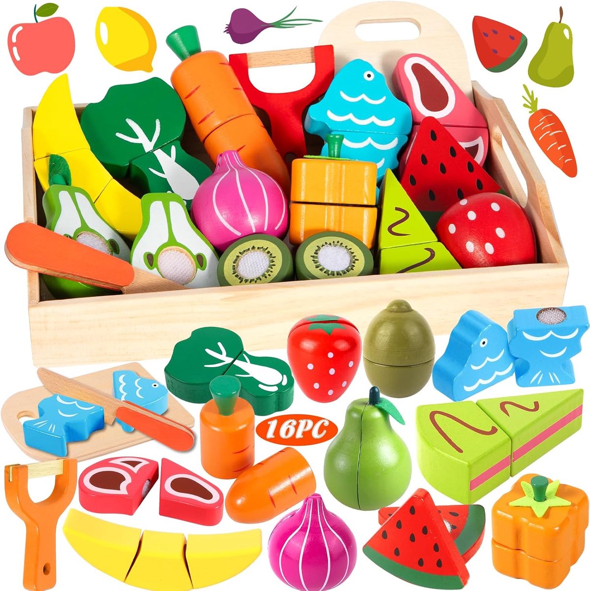 Fruit en Groenten Houten Speelgoed, 16 Accessoires Kinderen Keuken Speelgoed, Houten keuken speelgoed, keuken speelgoed kinderen met fruit en groenten speelgoed, kinderen geschenk 3 jaar