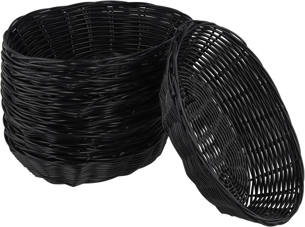 12 stuks gevlochten broodmand, ovale kunststof mand, wilgenmandje, klein, 23 x 15 x 6,5 cm, zwart, stapelbare opbergmand voor fruit, hotdogs, friet en snacks