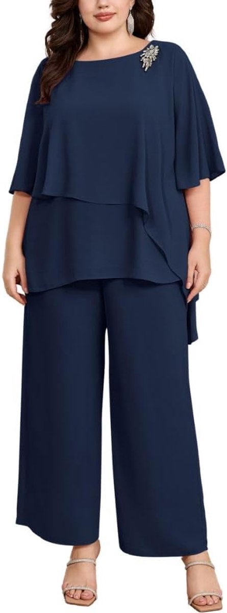 Nikole Elegante avondpakset voor dames, grote maat, 2-delige set, cocktailparty, feestelijk broekpak, tweedelig, chiffon shirt en broek met hoge taille