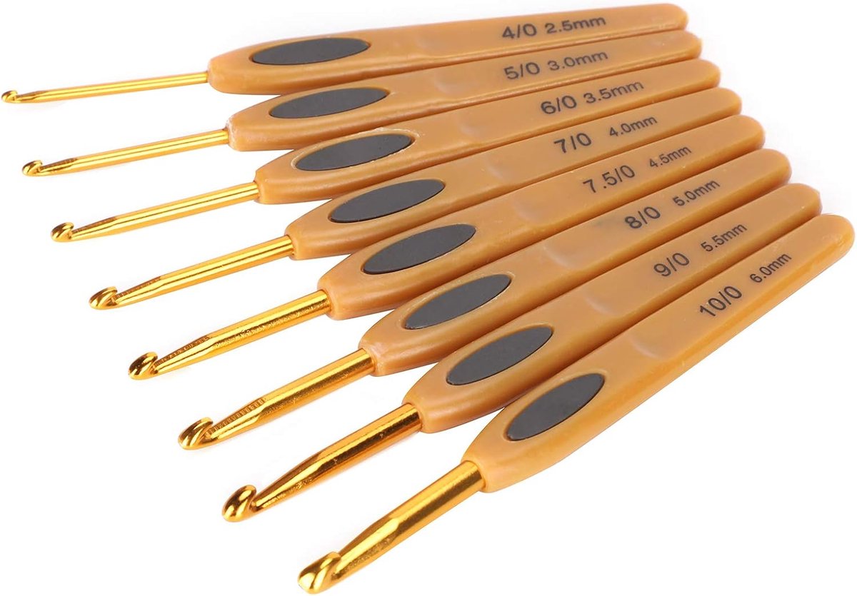 Haaknaaldenset, 8 Stuks Haaknaalden Breinaalden Aluminium Naaigereedschap, Ergonomische Metalen Haaknaalden met Bruin Plastic Handvat, Naaldenset 2,0 Mm - 6,0 Mm