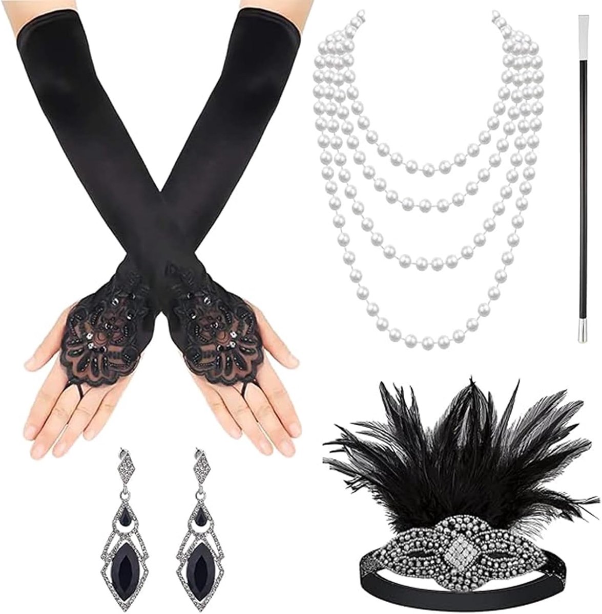 accessoires voor dames, 5-delige jaren 20-delige accessoireset voor dames, jaren 20 themaset, hoofdband, halsketting, handschoenen en houder, zwart