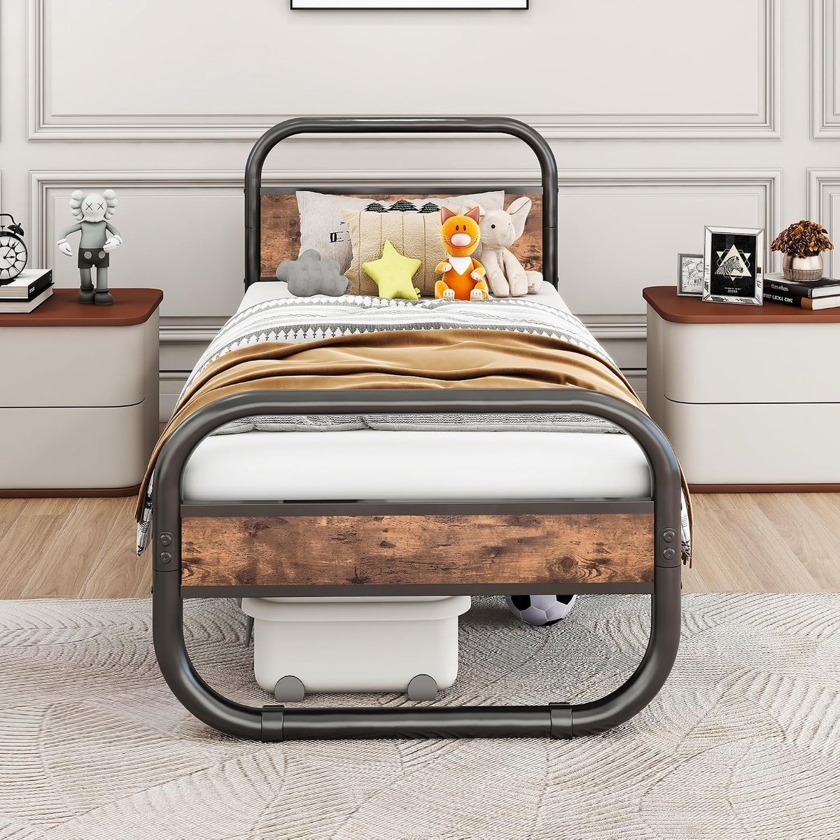 Bed 90x200, bedframe van metaal en hout met lattenbodem, metalen bed, 90 x 200 cm, zwart