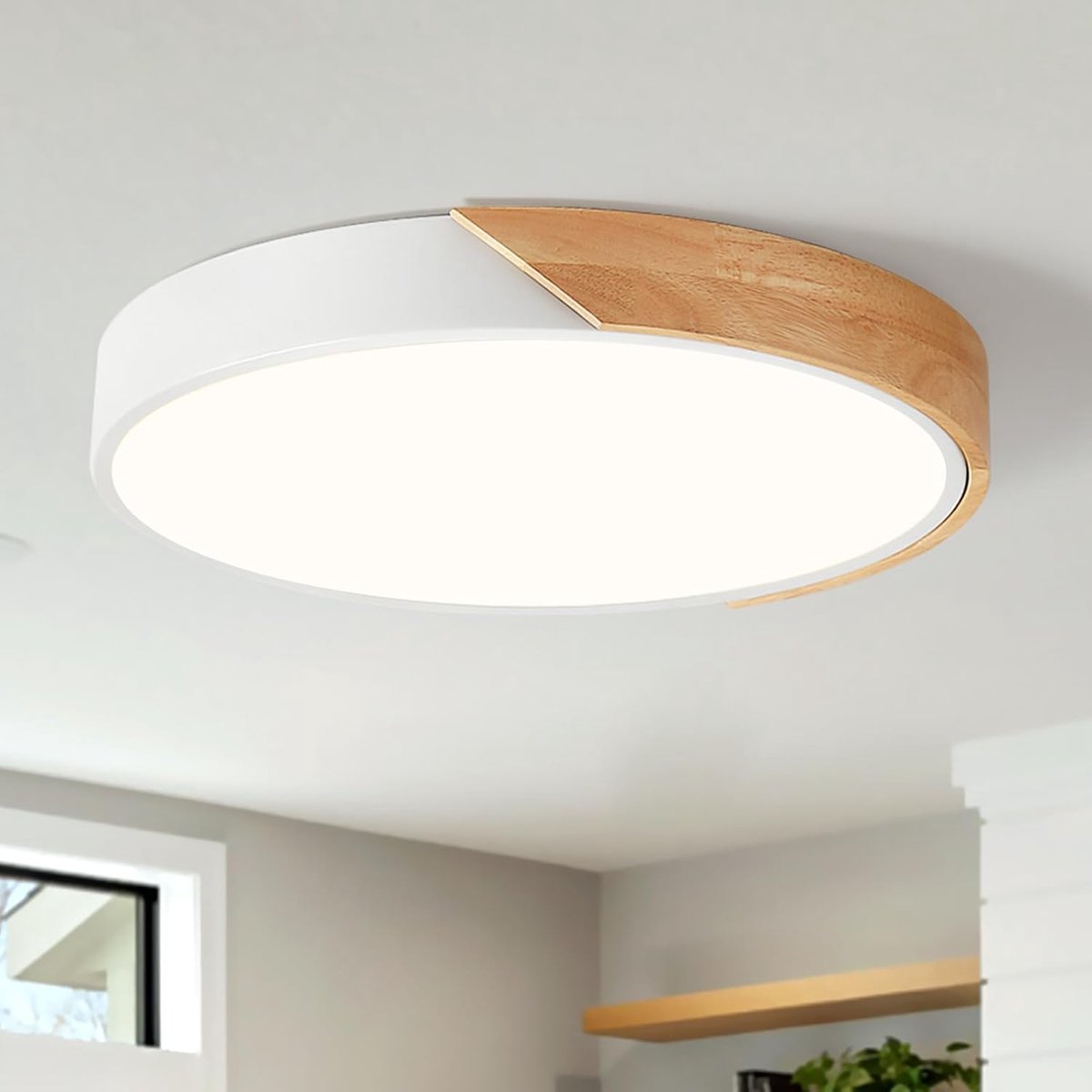 Plafondlamp, LED-Plafondlamp Hout 40 cm, Wit Platte Plafondlamp