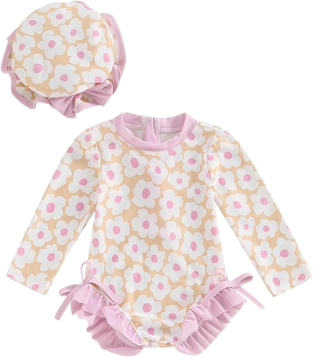 Eendelig badpak voor baby's, meisjes, met ruches, bloemenprint, uv-bescherming, lange mouwen, met hoed (6 maanden tot 3 jaar)