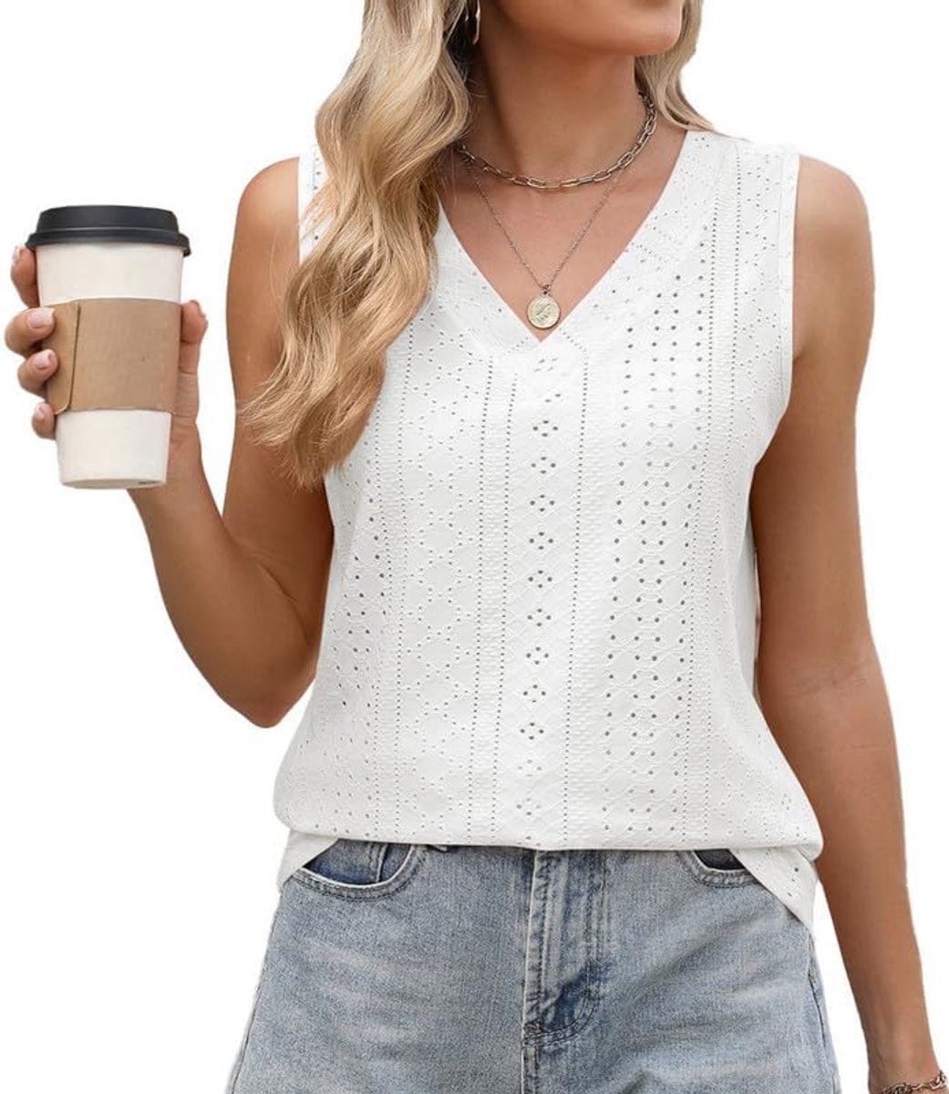 T-shirt voor dames, zomerkleding, losse blouses met V-hals, elegant, elastisch, comfortabel, casual, vest, tanktop, boho, borduurwerk met ogen, overhemden voor het strand